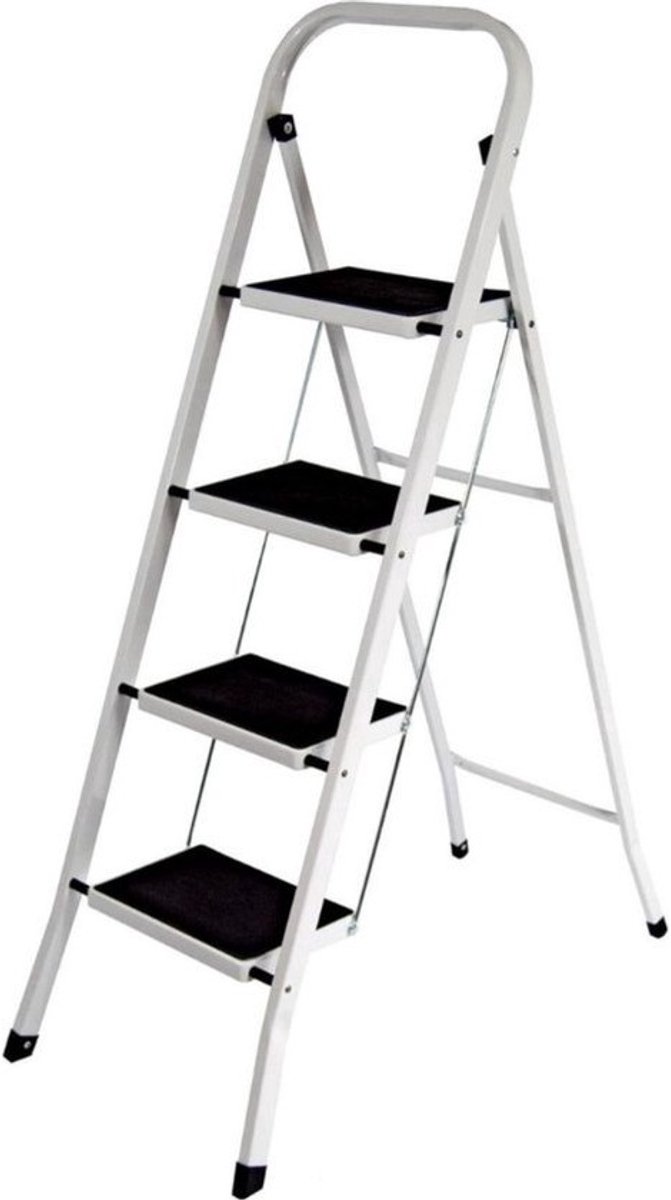 Huishoudtrap met 4 treden - Basic inklapbaar keukentrapje – antislip-trap - Opstapje – vouwladder – ladders – keukentrap - Wit