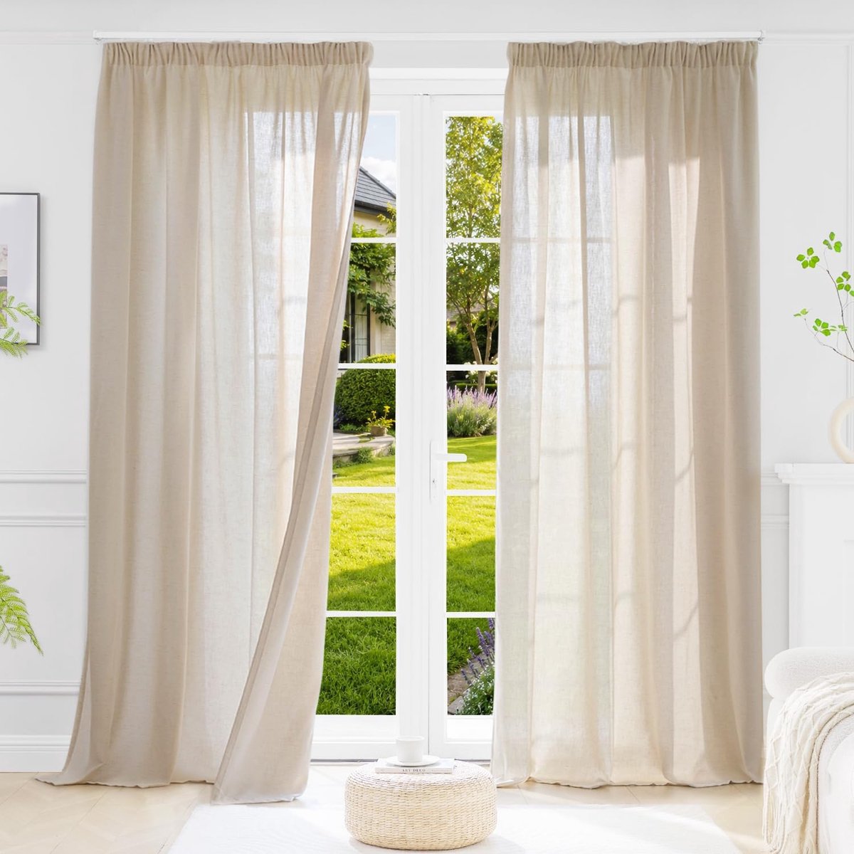 Gordijnen met 35% echt linnen, met plooiband, halftransparant, set van 2, H 260 x B 140 cm, lichtfilterende gordijnen, linnenlook, moderne stijl voor woonkamer, slaapkamer, keuken, kantoor