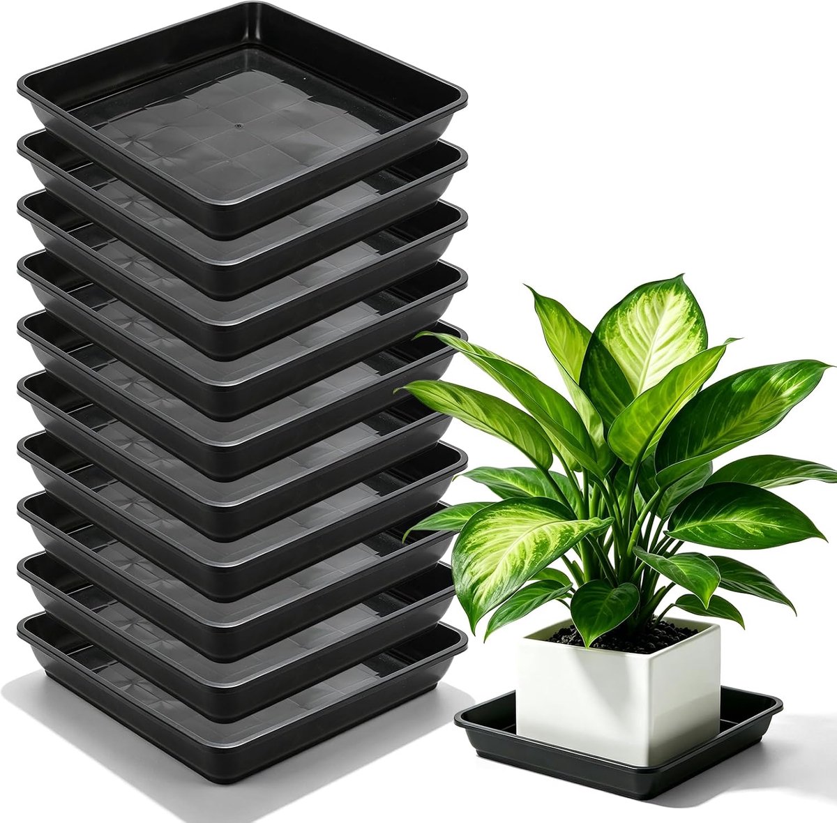 10 stuks onderzetters voor bloempotten, vierkant, 18 x 18 cm, robuuste en scheurbestendige onderzetters, onderzetters voor bloempotten voor binnen en buiten, zwart