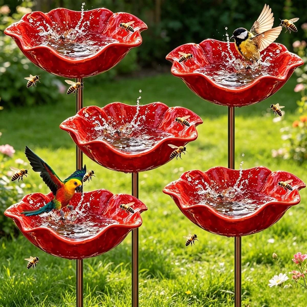 Vogelbad voor staande vogels, 5 stuks vogelvoederstation, metalen schaal voor vogels, vogelbad, tuindecoratie, vogelvoederdispenser voor buiten, tuin, erf