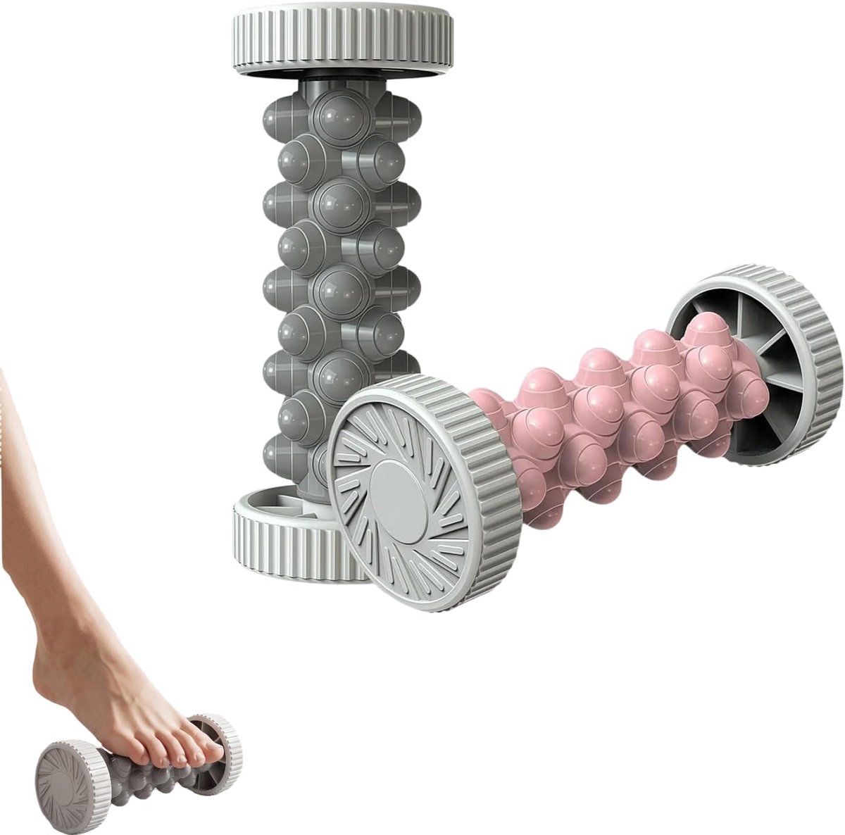 Voetmassageroller, 2 stuks fasciarol voet, mini fasciarol voor plantaire fasciitis, massage voor voeten en kuiten, ideaal voor yoga en fitness ontspanning (roze en grijs)