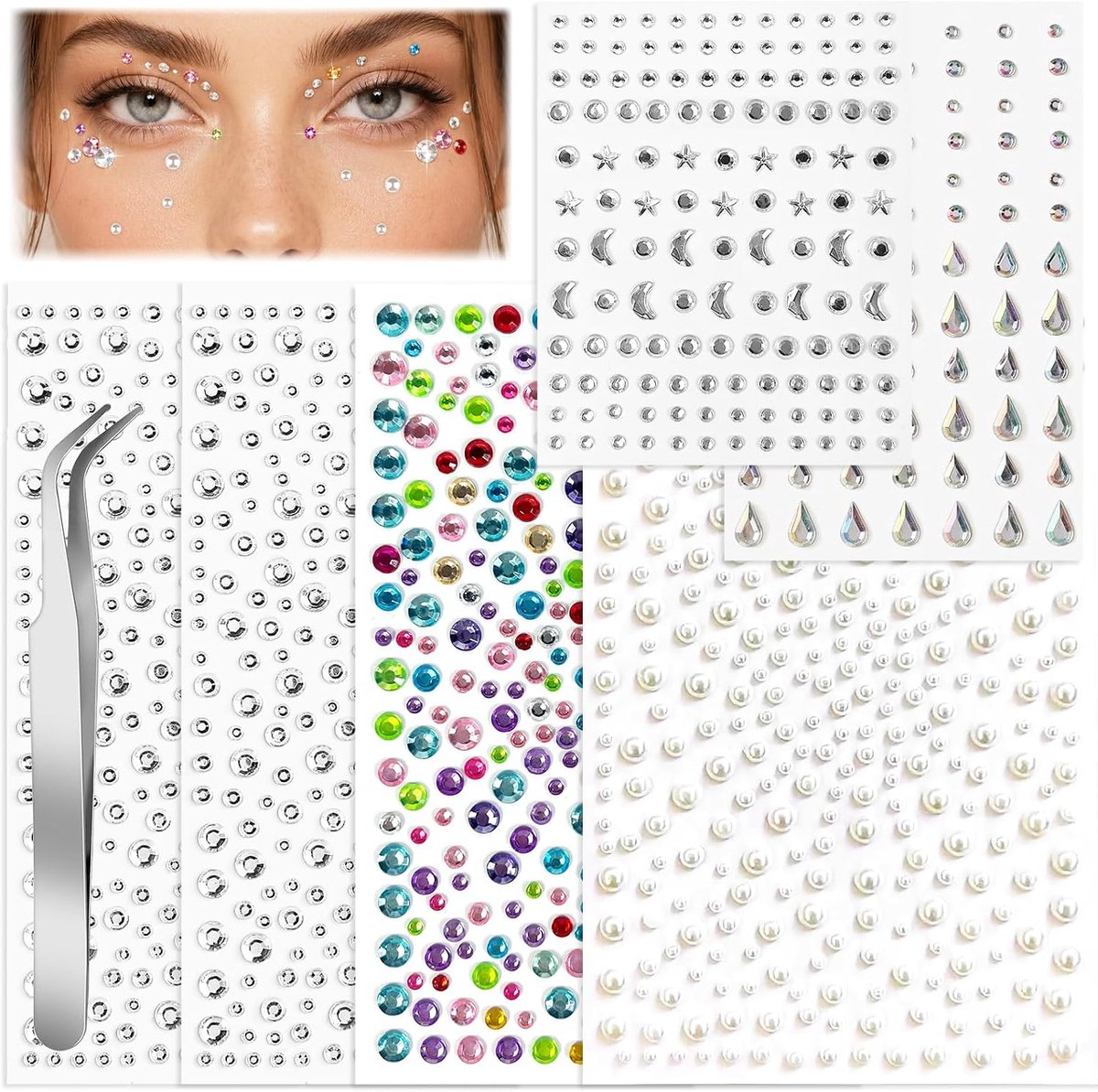 1514 stuks strass-stickers, 6 vellen, strass-haar, gezicht, festival, strass-steentjes, om op te plakken, voor doe-het-zelf, handwerk, nail body decoratie, met pincetten
