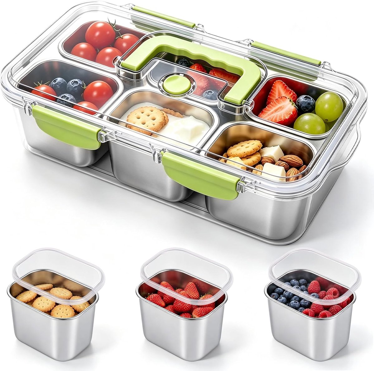 Iklestar Snackbox met vakken, roestvrij staal, met deksel en handvat, draagbaar, voor feestjes, picknicks (6 vakken)