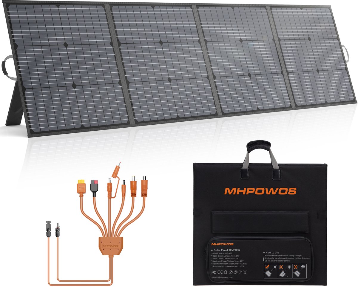 MHPOWOS 220W Vouwbaar Zonnepaneel, Monokristallijn ETFE Zonnecollector, IP67 Waterdicht, Draagbaar Zonnepaneel voor Camping, Camper en Noodstroomvoorziening