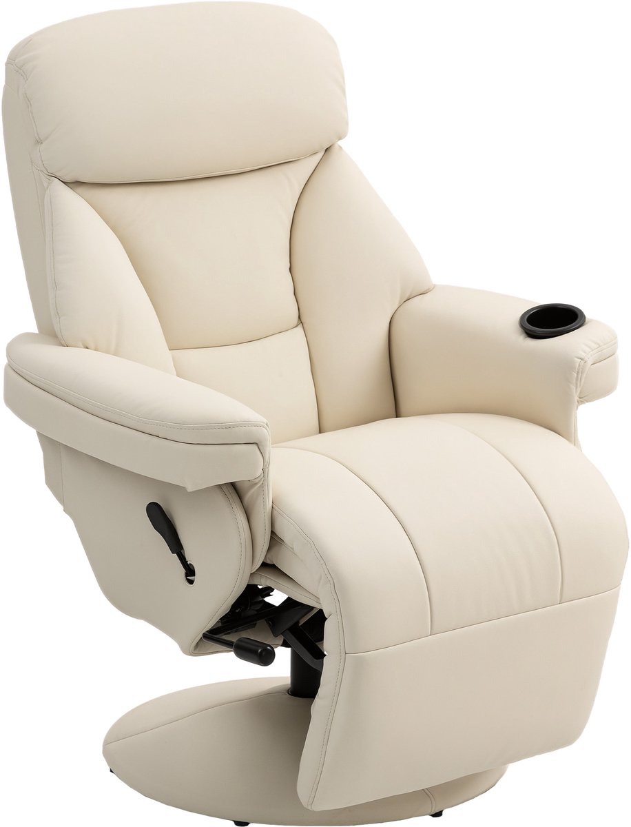 Homona Relaxfauteuil - Met voetensteun, bekerhouder en zijtas - 360° draaibaar - Verstelbaar tot 135° - 86 x 87 x 96-106 cm - Crèmewit