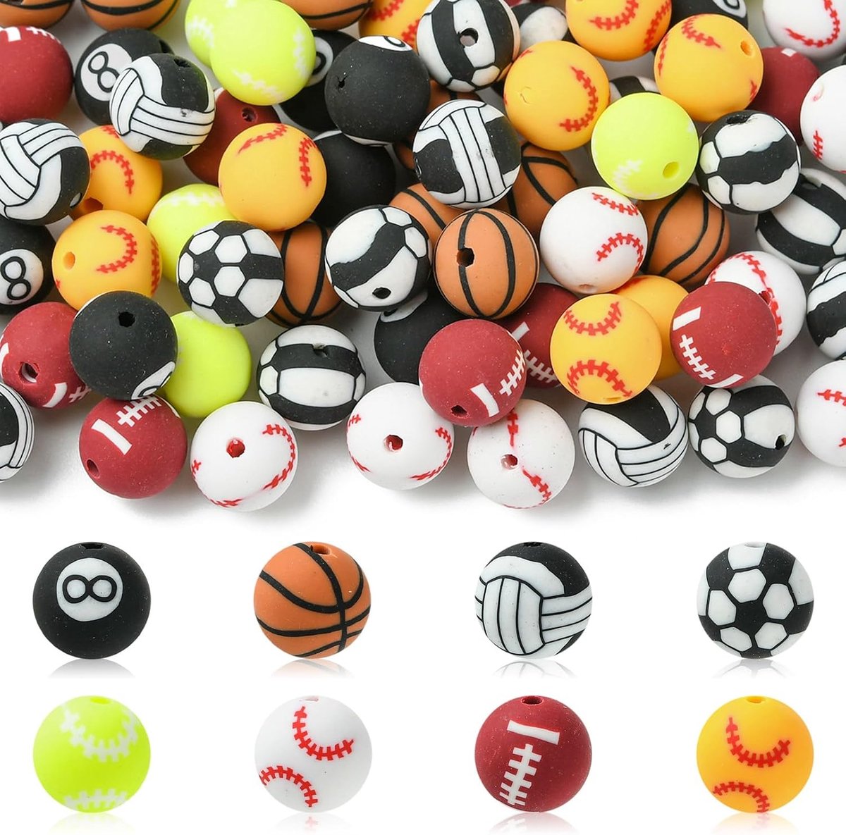 Ipotkitt 80 stks 8 Stijlen Ball Game Polymeer Klei Kralen Basketbal Voetbal Honkbal Losse Kraal voor DIY Sieraden - ShopVlot