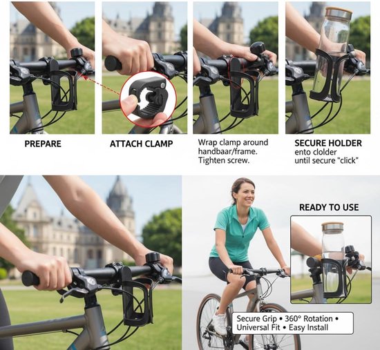 SnelShoppen - Universele Flessenhouder Fiets, Pushchair, Scooter - 360° Draaibare Cup Holder, Tool-vrije Montage, Voor MTB, E-Bike, Kinderwagens, Bugg — afbeelding 2
