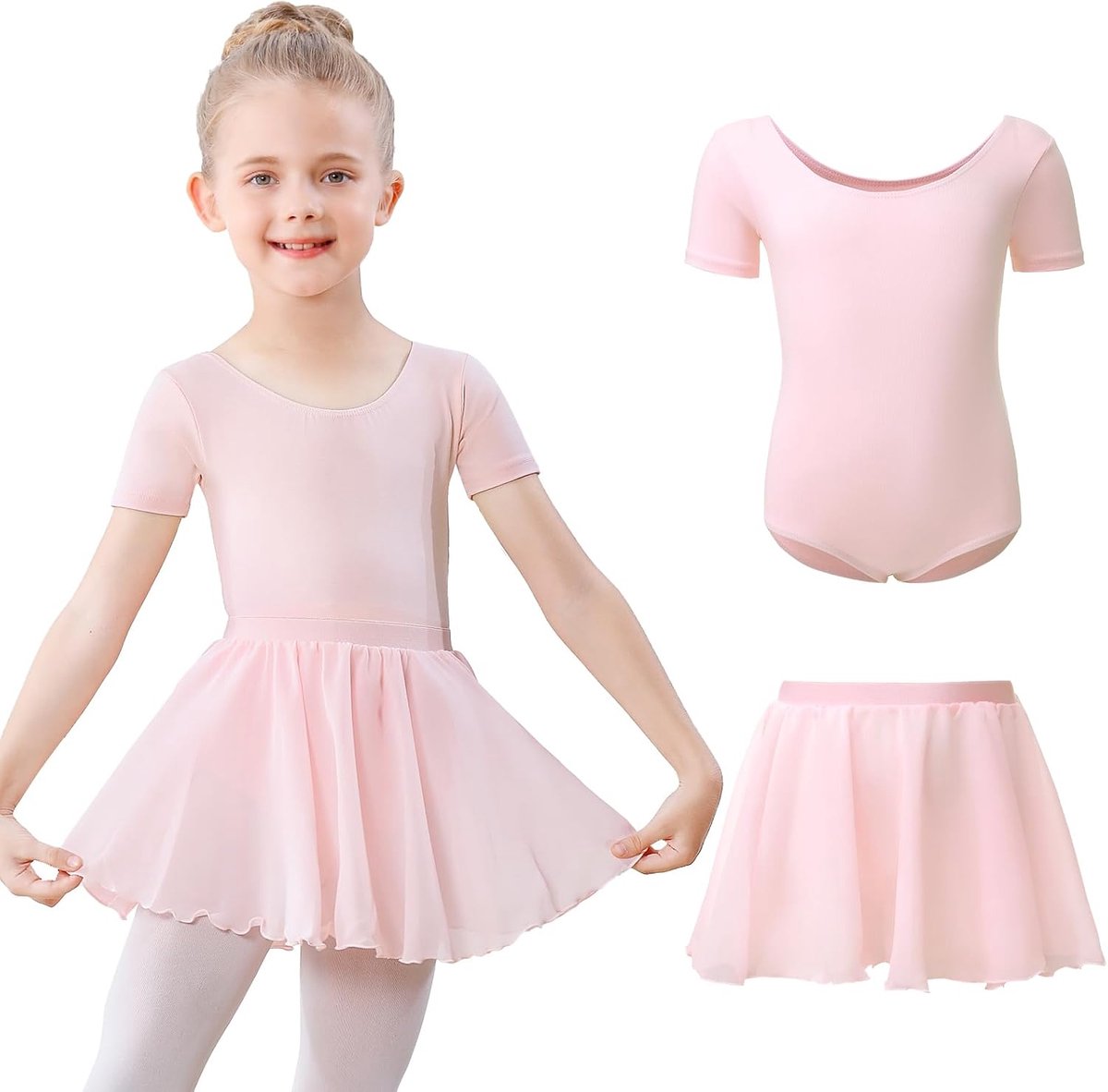 Balletpakje voor Meisjes Balletjurkje met Korte Mouwen Katoenen Kinder Ballet Outfit met Afneembare Chiffon Rok Ballerina Jurk voor 3-11 Jaar