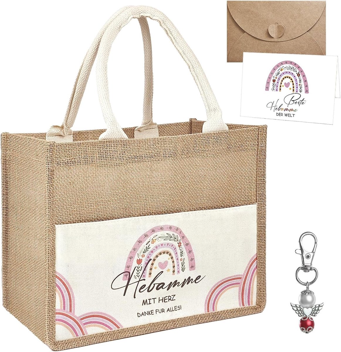 Set van 4 Verzorgingscadeaus, Jute Tas, Hennep Stoffentas, Afscheidsgeschenk voor Collega, Herbruikbare Schoudertas met Sleutelhanger en Envelop voor Afscheid, Pensioen, Ziekenhuis