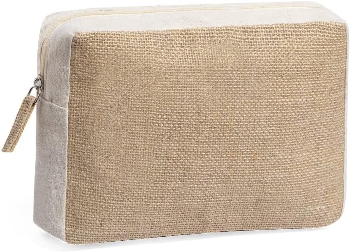 Toilettas voor dames, met ritssluiting en kwast, make-uptas, reis-make-uptas, rechthoekig jute katoen, toilettas, Rechthoekig jute-katoen, toilettas