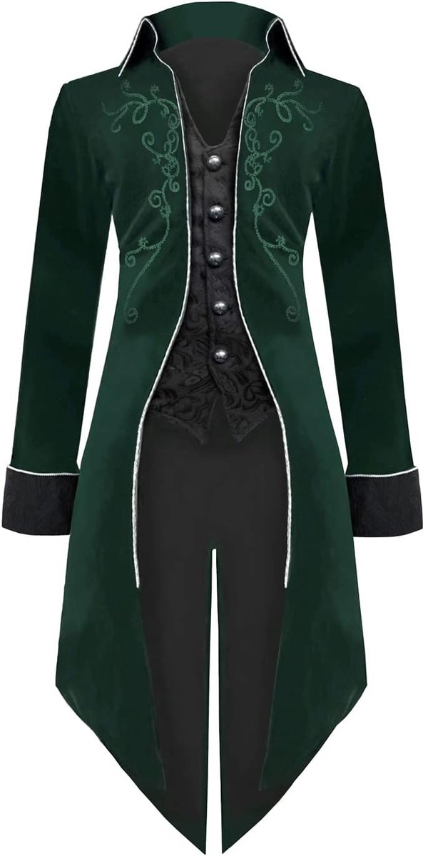 Middeleeuwse Steampunk Jas Gothic Frack Mantel Carnaval Kostuums, Renaissance Retro Victoriaanse Hof Borduurwerk Jas, Halloween Piraten Vampier Cosplay Kostuums voor Mannen (Groen, 2XL)