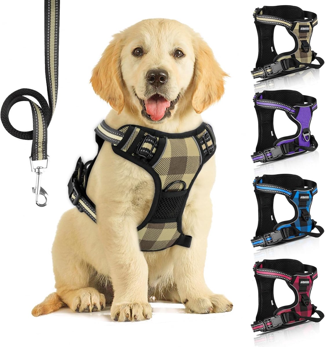 Anti-trekharnas voor honden, anti-trekharnas, reflecterend, met riem voor honden, voor training in de open lucht (gele plaid, L)
