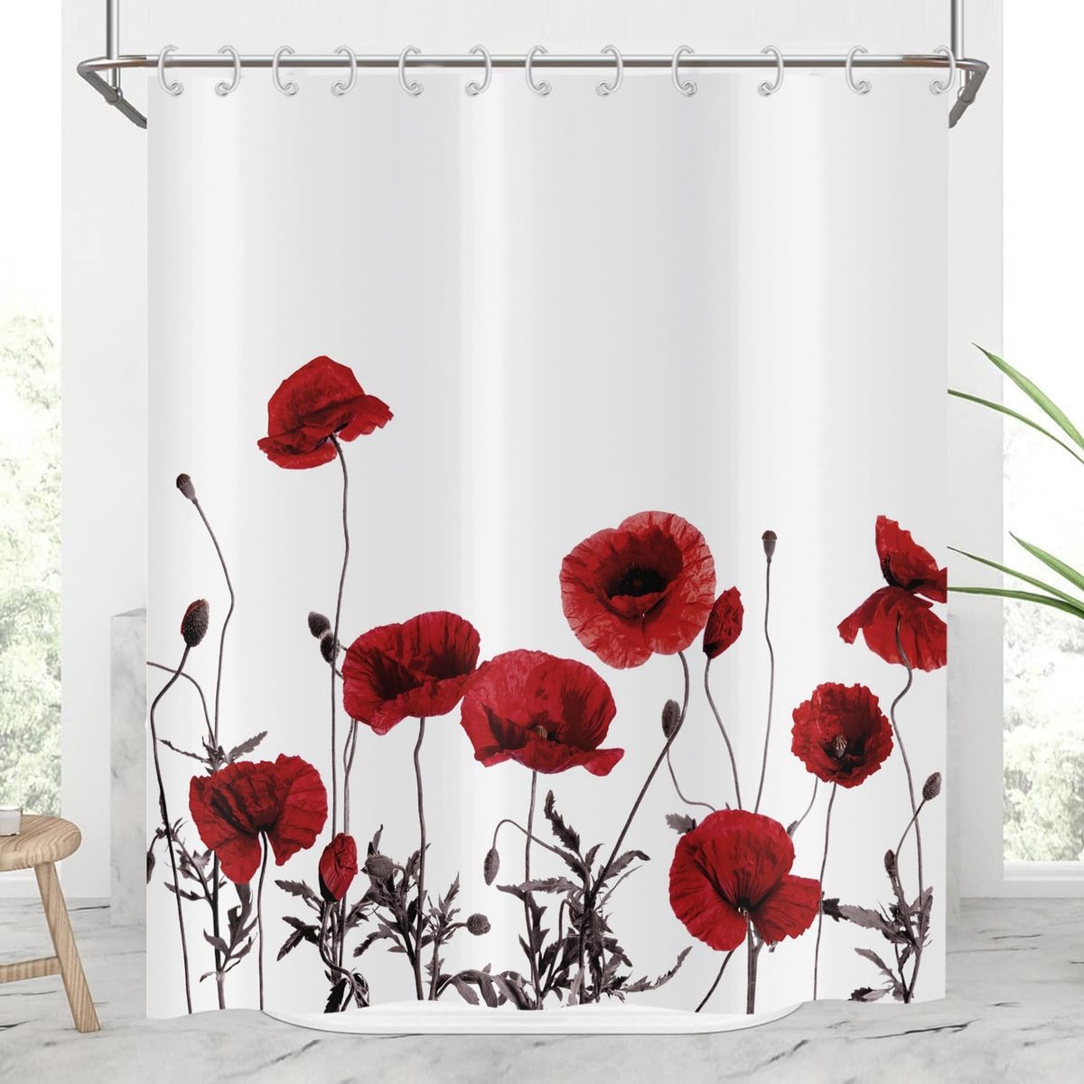 Douchegordijn van rode klaproos, vintage natuur, botanisch boeketplant, moderne badkamer gordijnen met haken, waterdichte polyesterstof, wasbare badgordijnen voor natte kamer, 120 x
