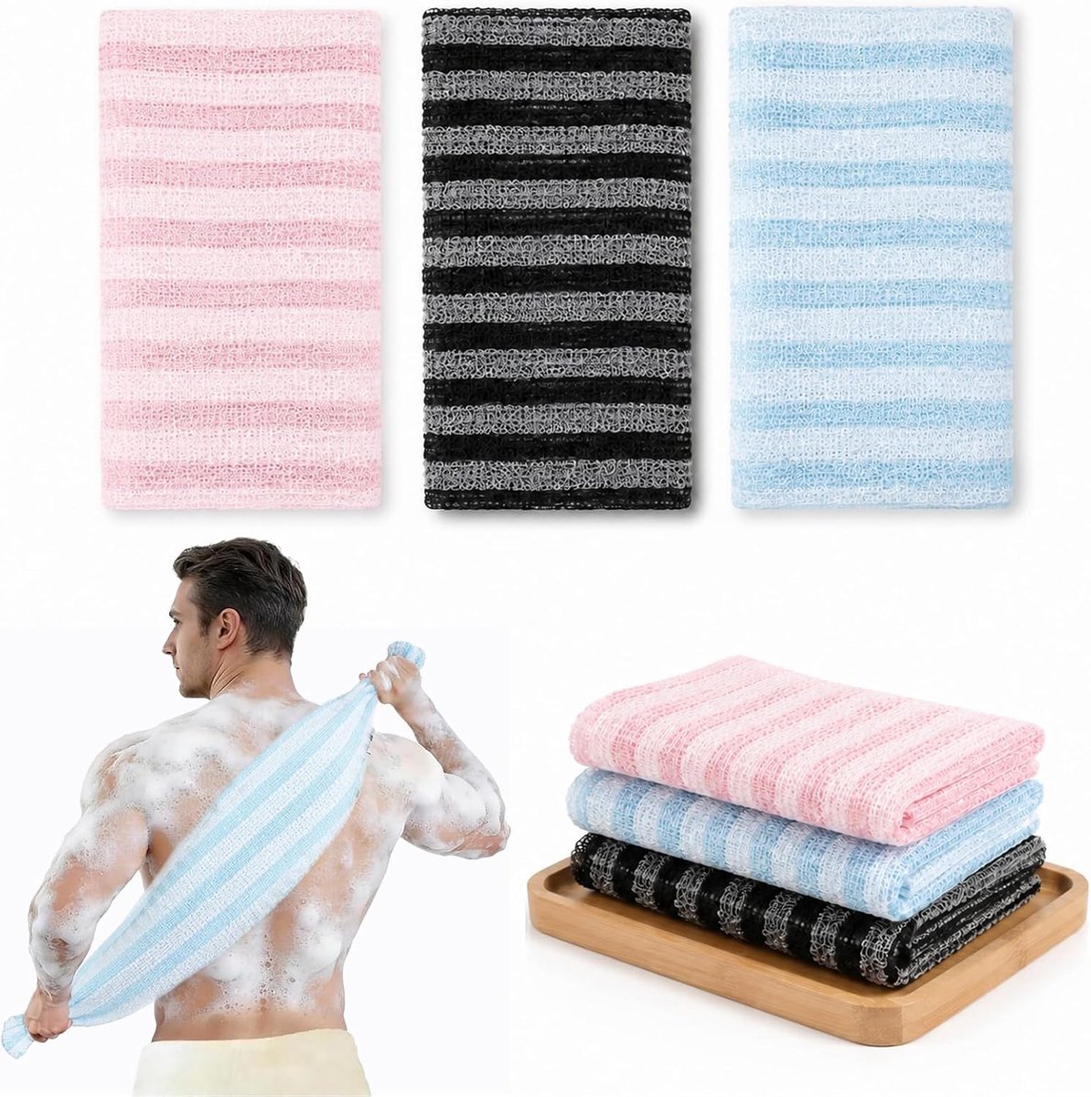 3 stuks peeling-douchehanddoek, Japanse rugschrobber, gestreept design - ShopVlot