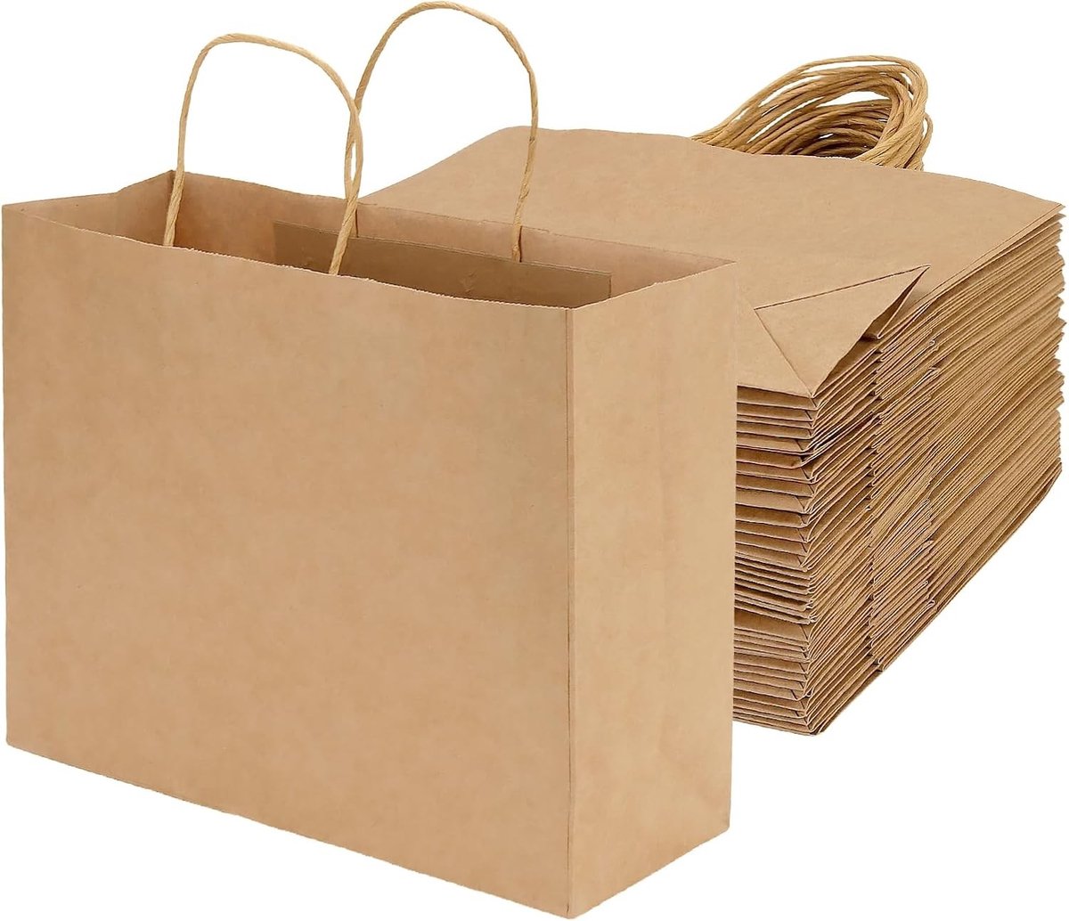 40 stuks Kraft geschenkzakken, 32 x 11 x 25 cm, bruine feesttas met handvat voor cadeaus, bruiloften en speciale gelegenheden