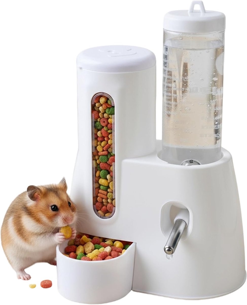 2-in-1 Automatisch Kleine Huisdier Voerbak & Lekvrije Waterfles, 125 ml, voor Hamsters, Cavia's, Chinchilla's, Gerbils, Ratten - Gemakkelijk Schoon te Maken, Anti-Kantelontwerp (Wit)