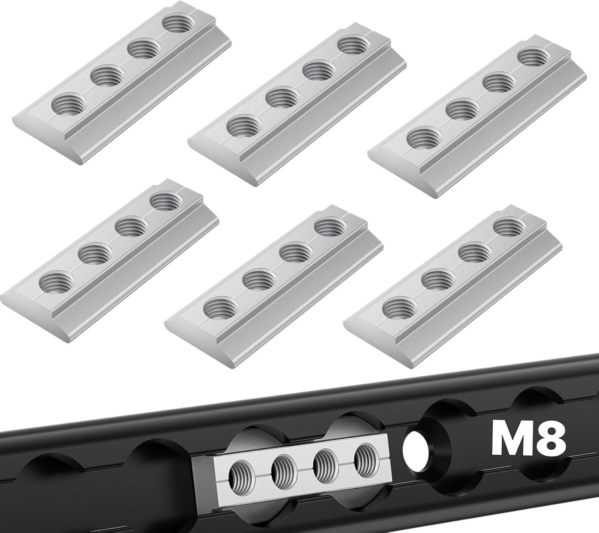 T-moeren voor L-rail, inschuifbare bevestigingsplaten, zilver-metaal aluminium, robuuste zekeringshardware voor vrachtwagens, aanhangwagens, campers, lading, boten en andere veilige