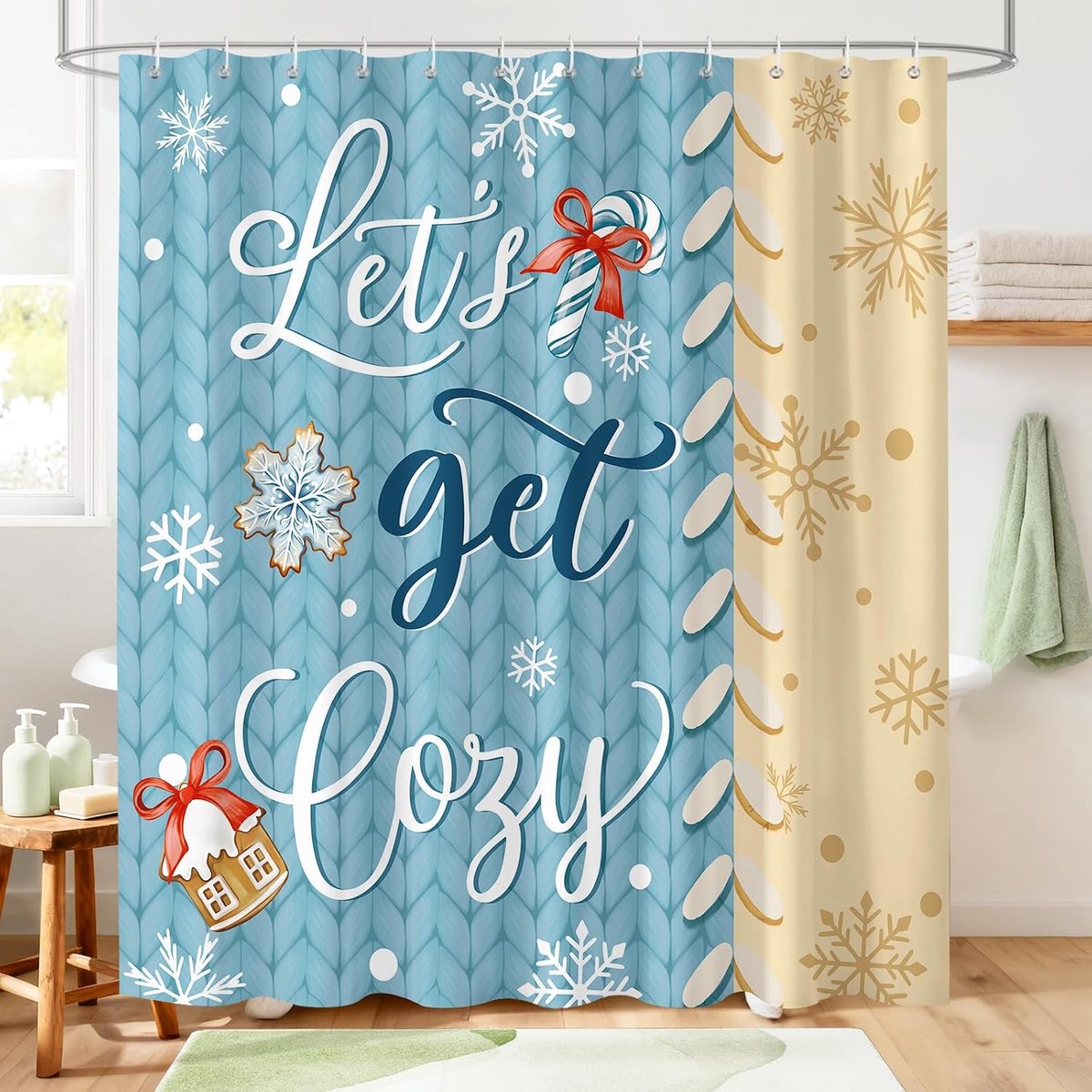 Douchegordijn, wintervakantie blauwe sneeuwvlok kabel gebreid patroon waterdicht polyester stof badgordijn met 12 haken, 182 x 183 cm
