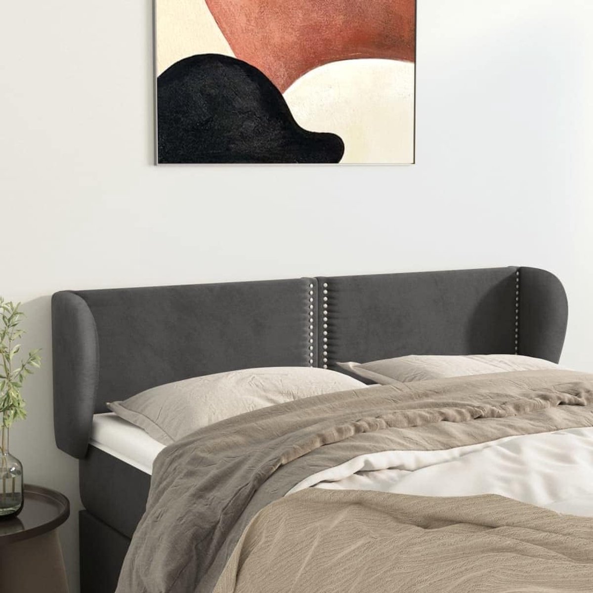 Hoofdbord met oren, donkergrijs, 147 x 23 x 78/88 cm, fluweel, voor de slaapkamer, hotelhoofdeinde, werkkamer, voor slaapkamer, tweede slaapkamer, hotel