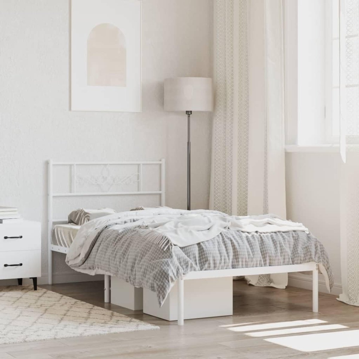 Bedframe met hoofdeinde, metaal, wit, 100 x 200 cm, bedframe voor slaapkamer, woonkamer, hotelbedframe, geschikt voor slaapkamer