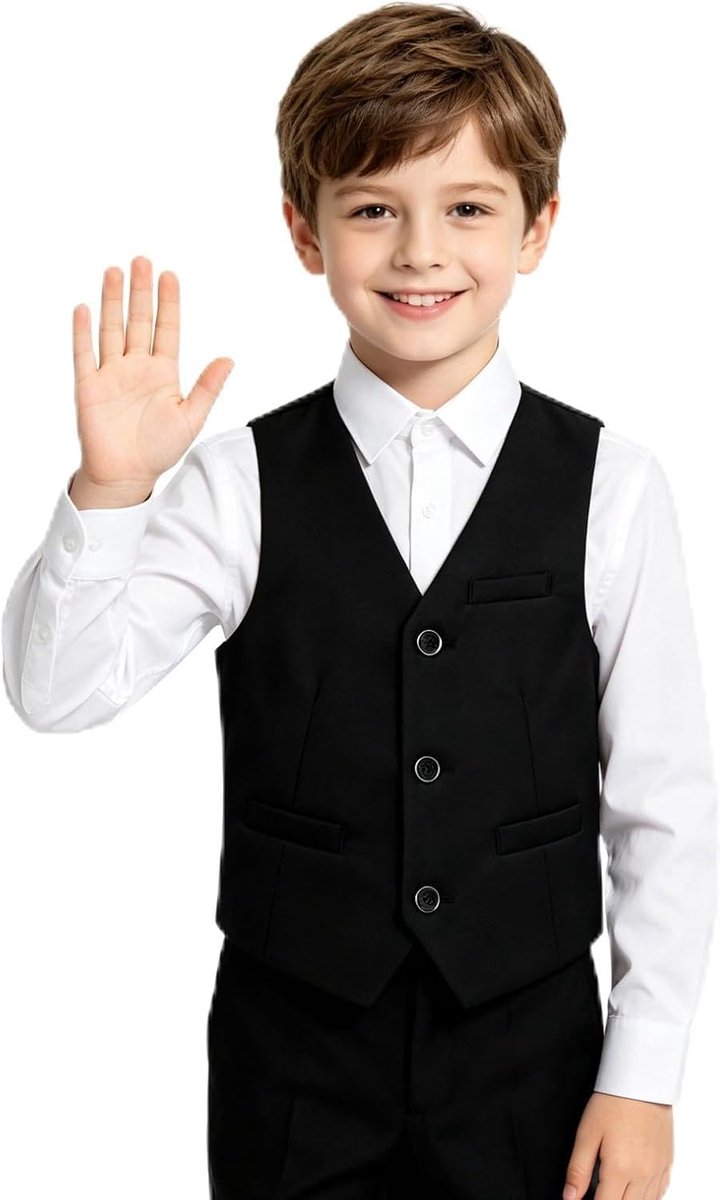 Gilet Klassiek Kostuumvest met V Hals, Elegante Kinderbodywarmer voor Bruiloft Feest School Ceremonie, Regular Fit met Zakken voor Jongens 3-10 Jaar