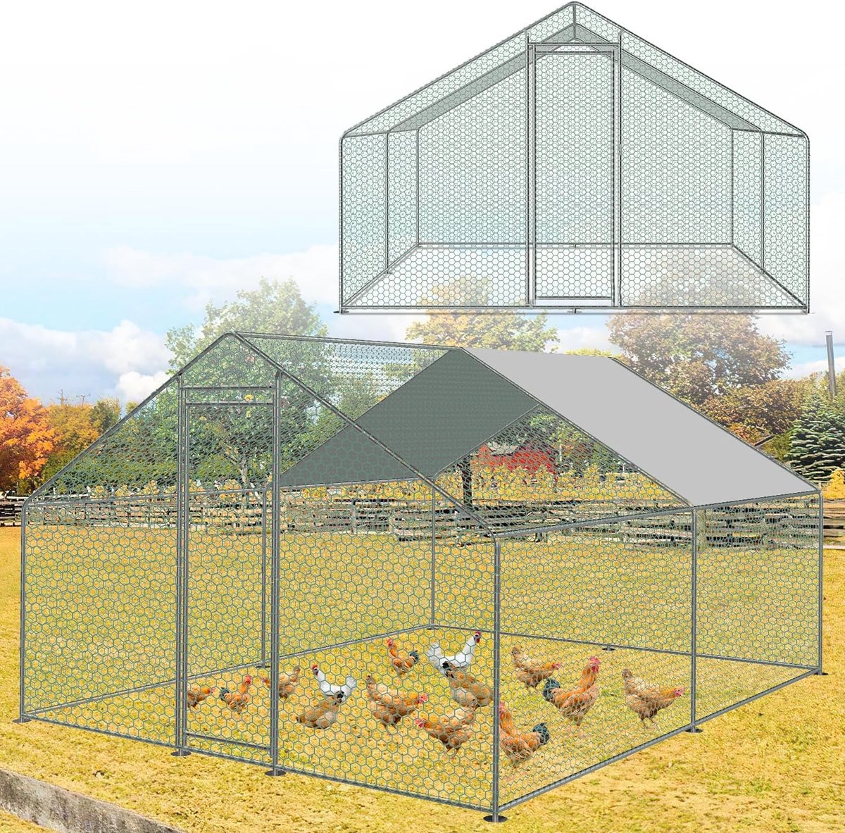 3 x 3 x 2 m, metalen kippenhok met dakzeil, slot, huisdierren konijnenhok voor kippen en gevogelte
