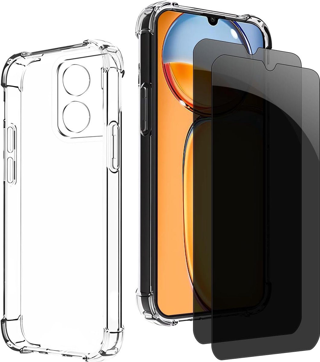 Inkijkbescherming voor Redmi 13C 4 g/Xiaomi Poco c65, 1 TPU hoes met 2 stuks pantserglas, 9H glas, anti-spy folie, transparante siliconen beschermhoes, anti-geel, slank