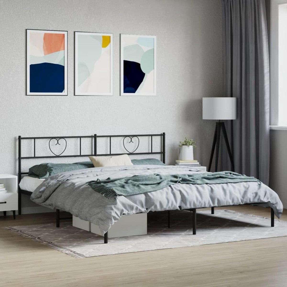 Bedframe met hoofdeinde, metaal, zwart, 193 x 203 cm, bedframe voor woonkamer, hotel, slaapkamer