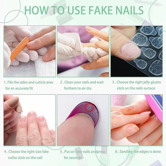24 Stuks Press on Nails Kort Vierkant Groen – Complete Set voor DIY Manicure met Jelly Lijm, Nagelvijl en Houten Staafje — afbeelding 5