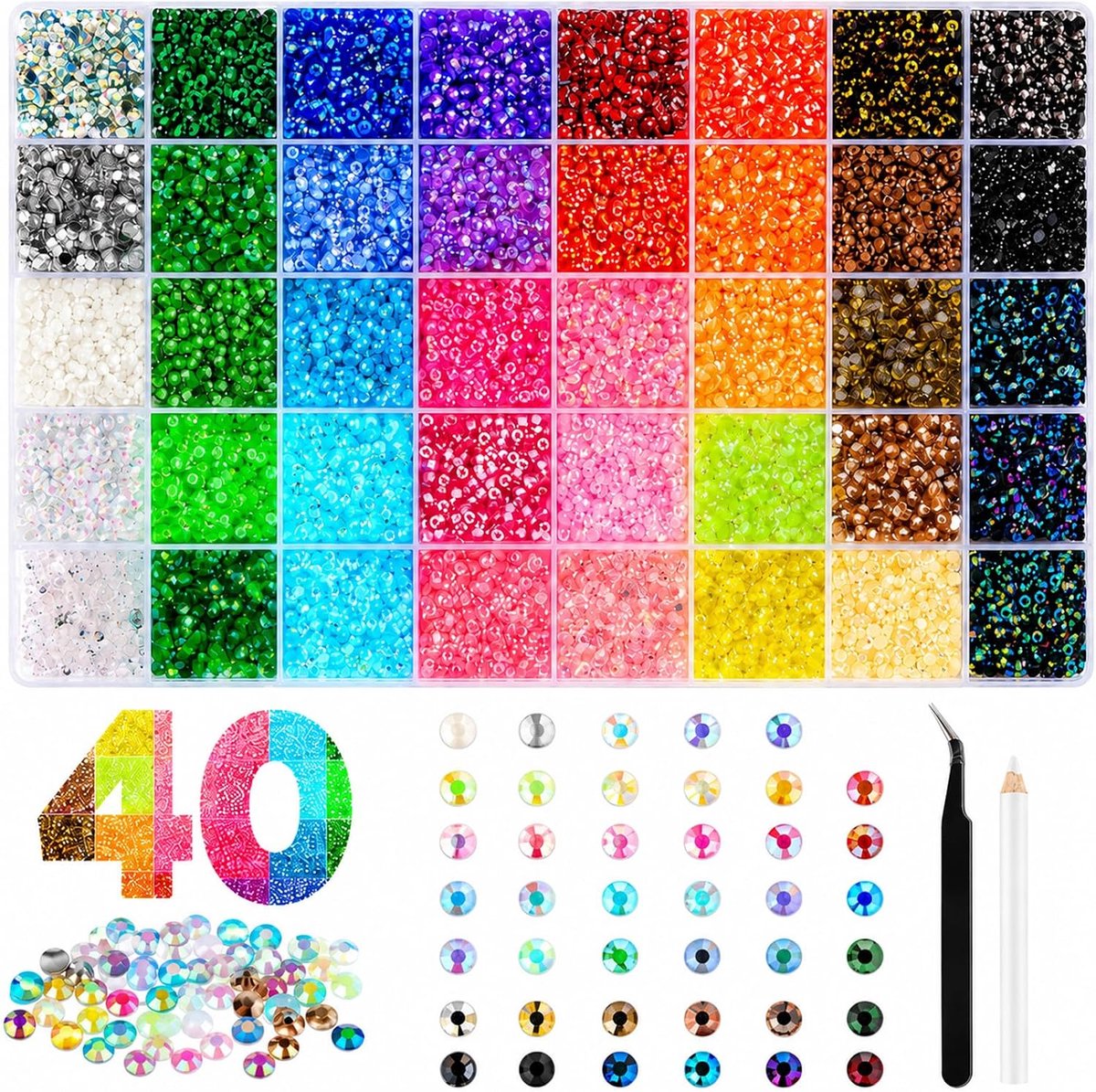 Strassteentjes in 40 kleuren, 32.000 stuks, glitterstenen, nagels, bedazzler-kit, 3 mm strass-steentjes voor textiel, met pincet en wasstift, flatback strass steentjes voor knutselen, nagels