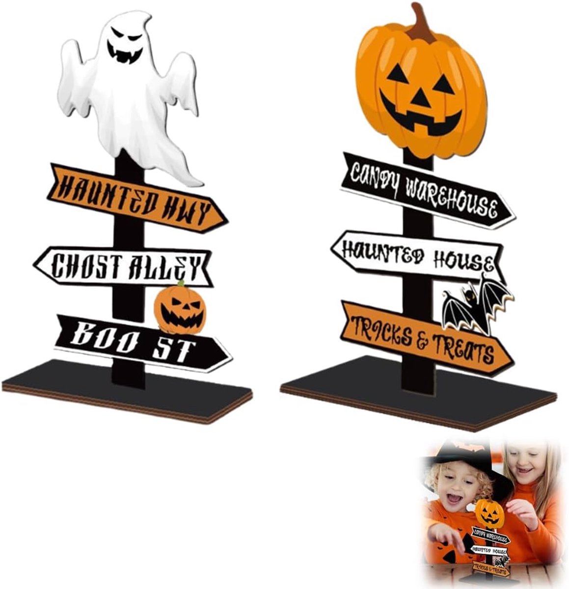 2 stuks houten tafeldecoratie voor Halloween, vrolijk design met pompoen, ideaal voor kinderfeestjes en knutselwerk - ShopVlot