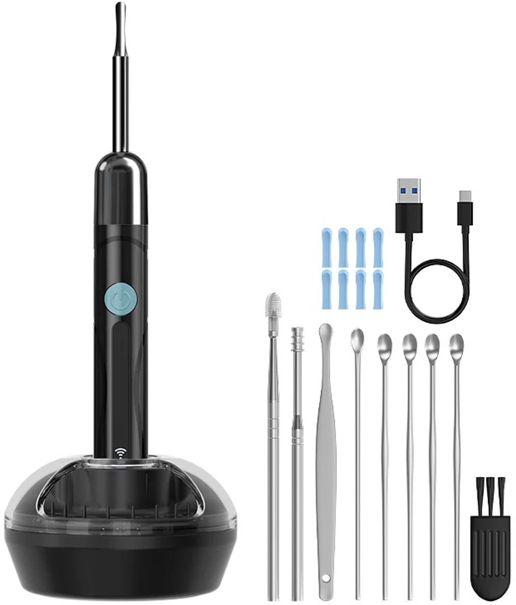 Cherrys Finds - Otoscoop - Oorscope - Endoscoop - 1080P HD - Oorreiniger - Oorreinigingscameraset - Oorschoonmaaktool Met Opbergbasis - Oorsmeer Verwijderings- En Reinigingsgereedschap - Zwart