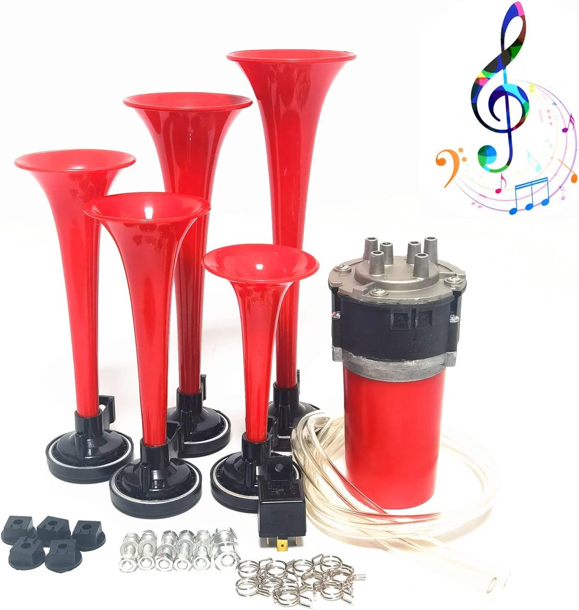 Autohoorn, 12 V, muziekhoorn, trompet met vijf buizen, Dixie 160 db, rood, met luchtpomp voor auto, vrachtwagen, boot