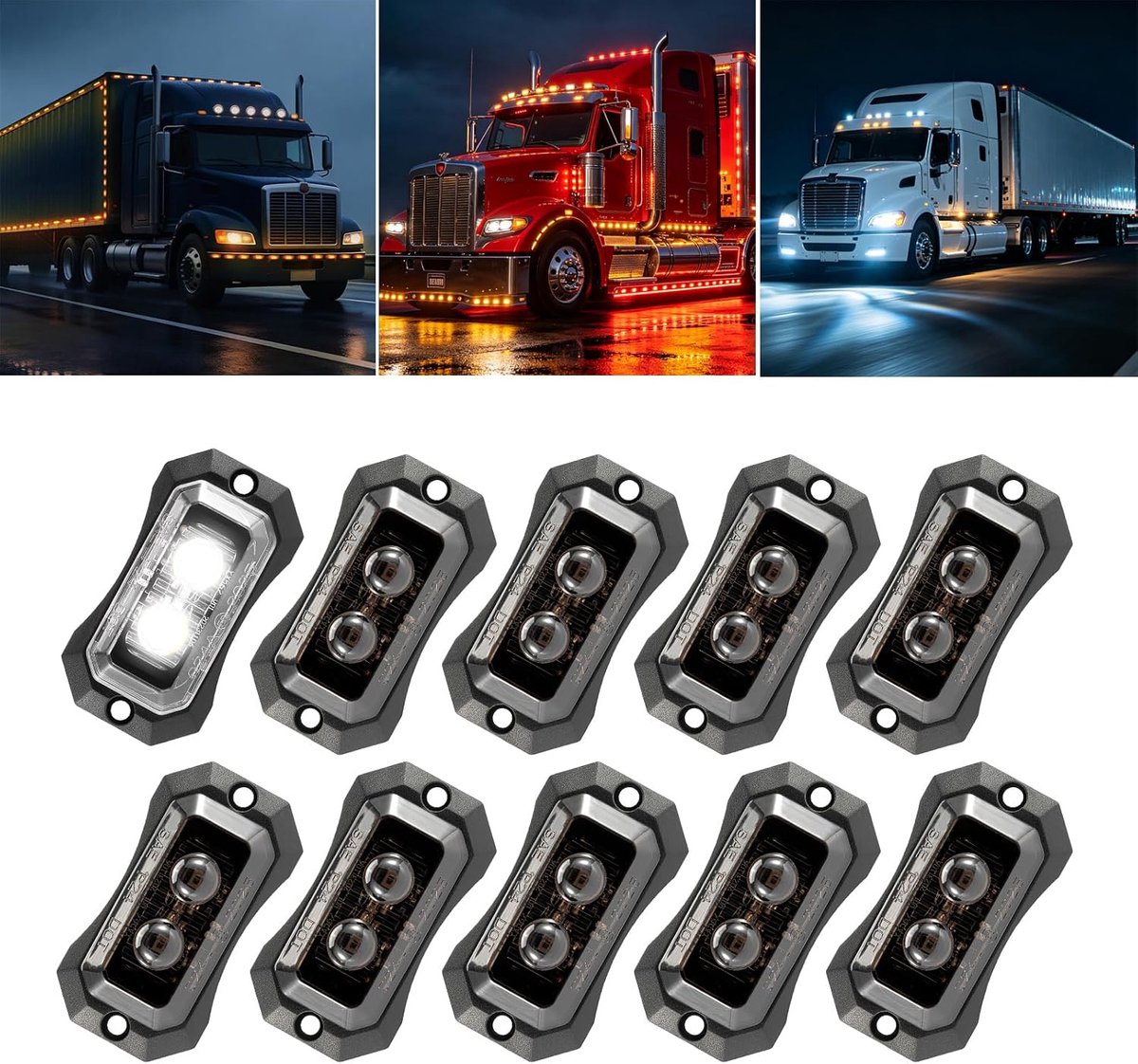 10 x led-markeringslichten 12 V-24 V, aanhanger voor vrachtwagen, bus, caravan, bedrijfswagen, robuust en waterdicht, IP65, 2 leds, universeel, zwart (wit licht)