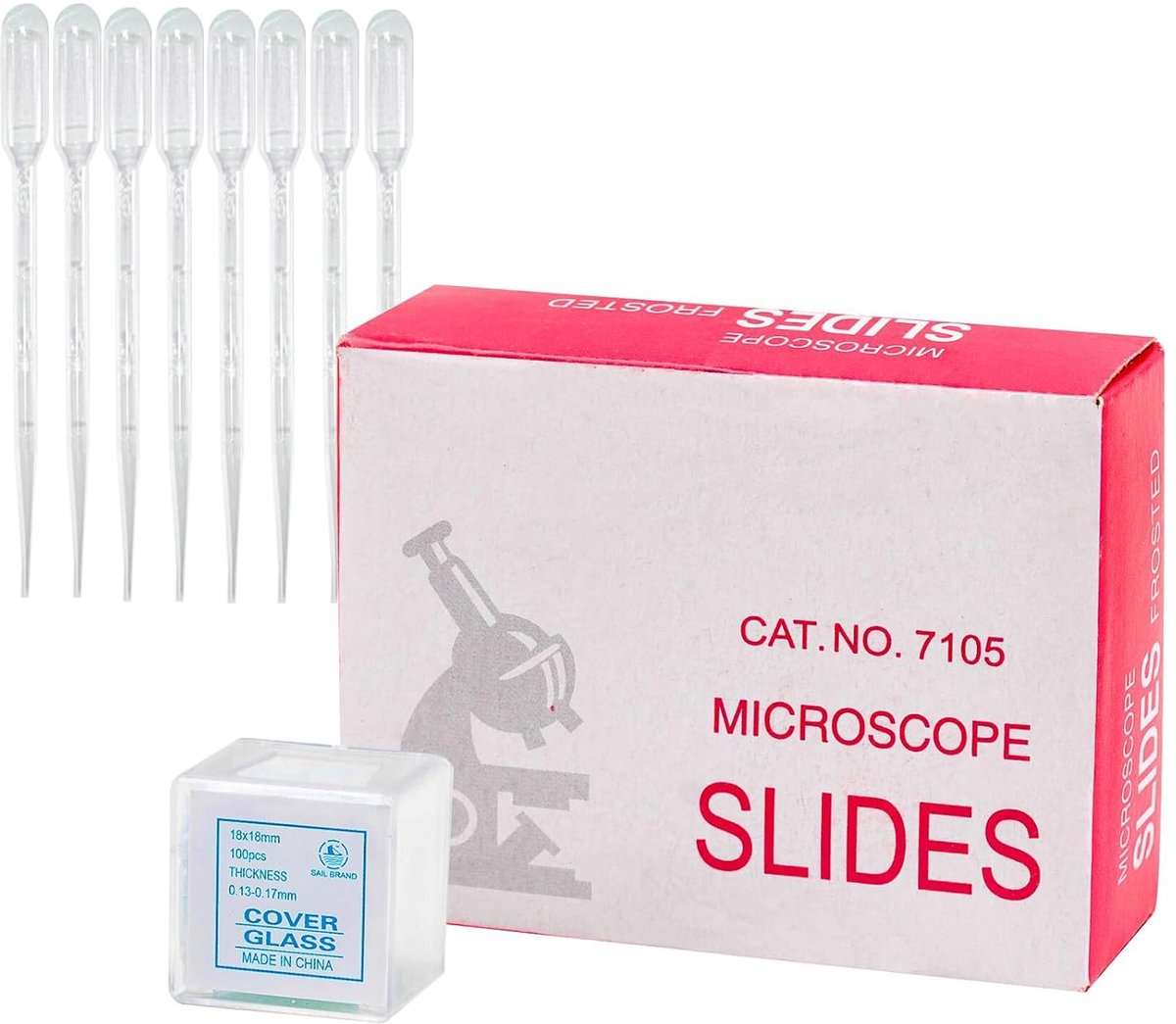 50 stuks vooraf gereinigde microscoop objectglaasjes 25x76mm en 100 stuks microscoop dekglaasjes 18x18mm, met 8 druppelbuisjes, microscoop accessoires, objectglaasjes en dekglaasjes, microscope slides