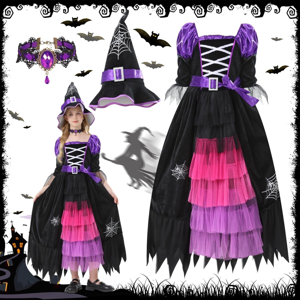 Heksenkostuum voor meisjes, paars en zwart, heksenkostuum met heks voor meisjes, hoed, heksenkostuum voor meisjes, Halloween, carnaval, cosplay