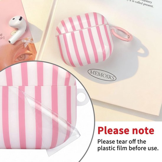 Compatibel met AirPods 4 hoes met reinigingsset, schattig gestreept patroon, esthetisch design, stootvaste en krasbestendige TPU-beschermhoes met sleutelhanger, voor vrouwen en meisjes, roze — afbeelding 2