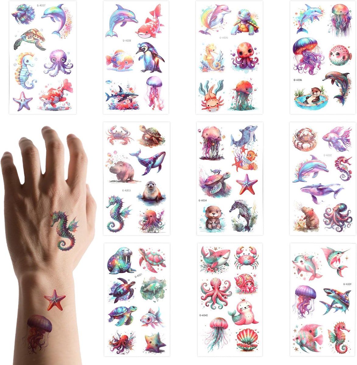 Tijdelijke Tatoeages Zeedieren, Waterbestendige Tatoeagestickers Waterverf Zeedieren Kinderen Jongens Meisjes Volwassenen Armen Schouders Decoratiebenodigdheden Verjaardagsfeestjes