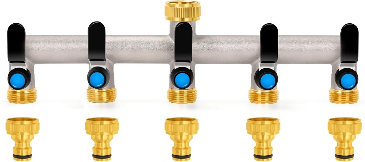 5-weg waterverdeler, 304 roestvrij stalen handgreep, 3/4 inch messing wateraansluiting verdeler met individuele afsluitkranen, 5-delige 3/4 inch verdeelopeningen voor apparaten/tuinslangen