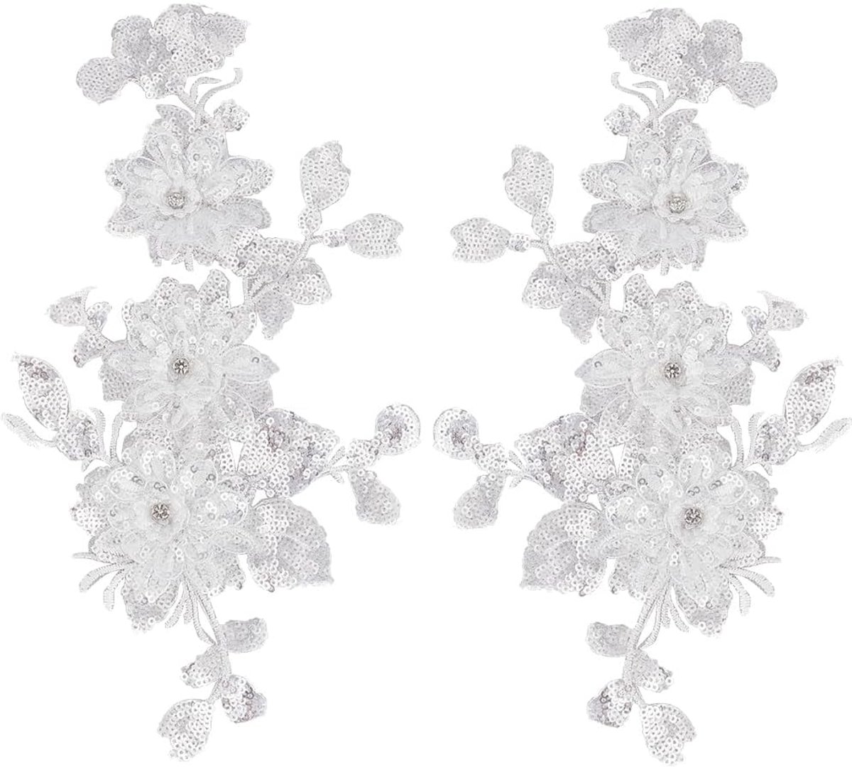 2 Stuks 2 Stijlen 3D Bloemen Borduurwerk Applique Witte Spiegel Pailletten Kant Applicaties Vintage Bloemen Strass Kralen Naaien Patches Voor Naaien Maken Kleding Bruiloft Ambachten Jurk