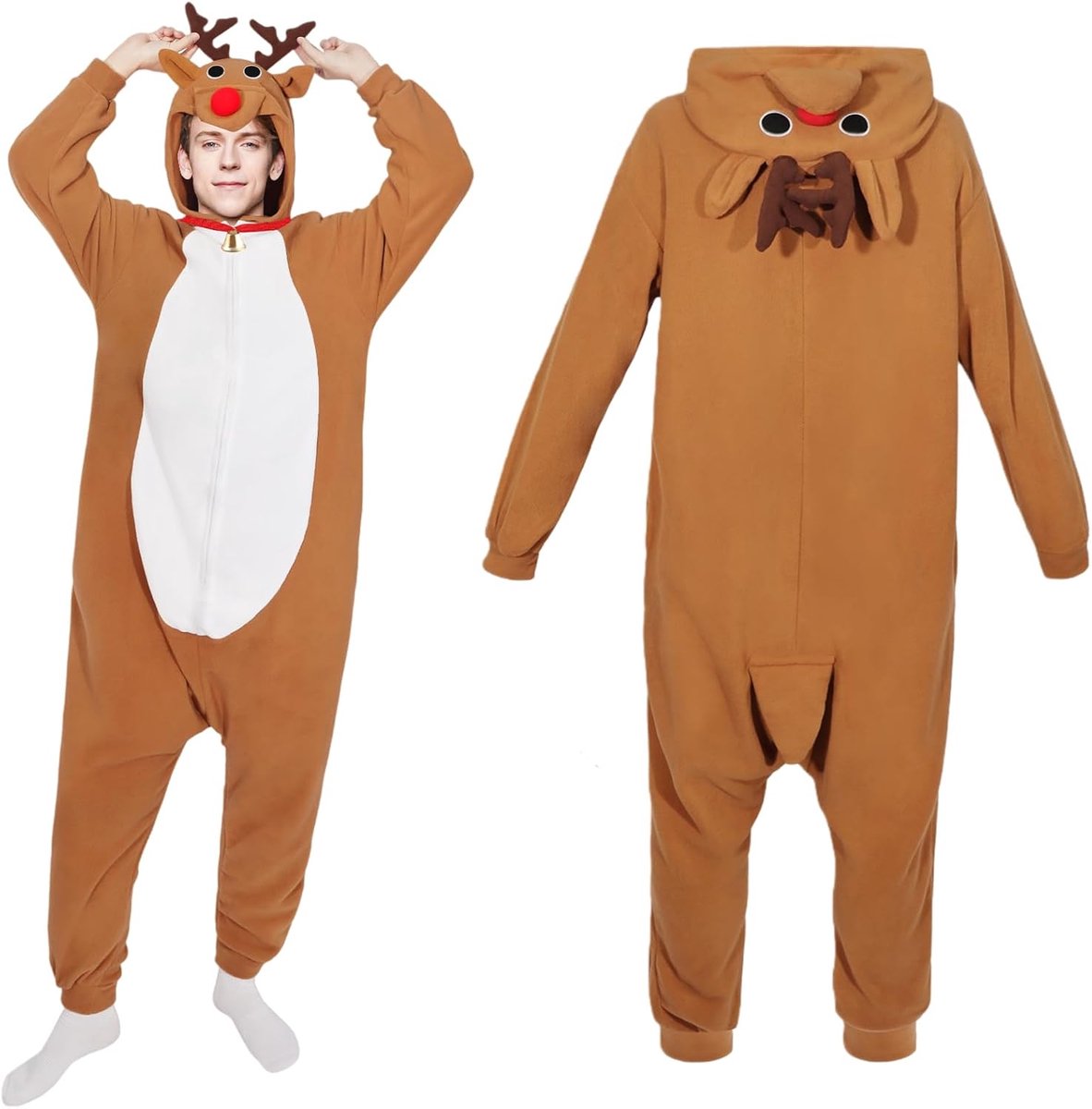 Rendierkostuum voor volwassenen, kerstjumpsuit outfit voor dames en heren, paren, ritssluiting, rendieronesie met capuchon, bruin, voor Kerstmis, cosplay, feest