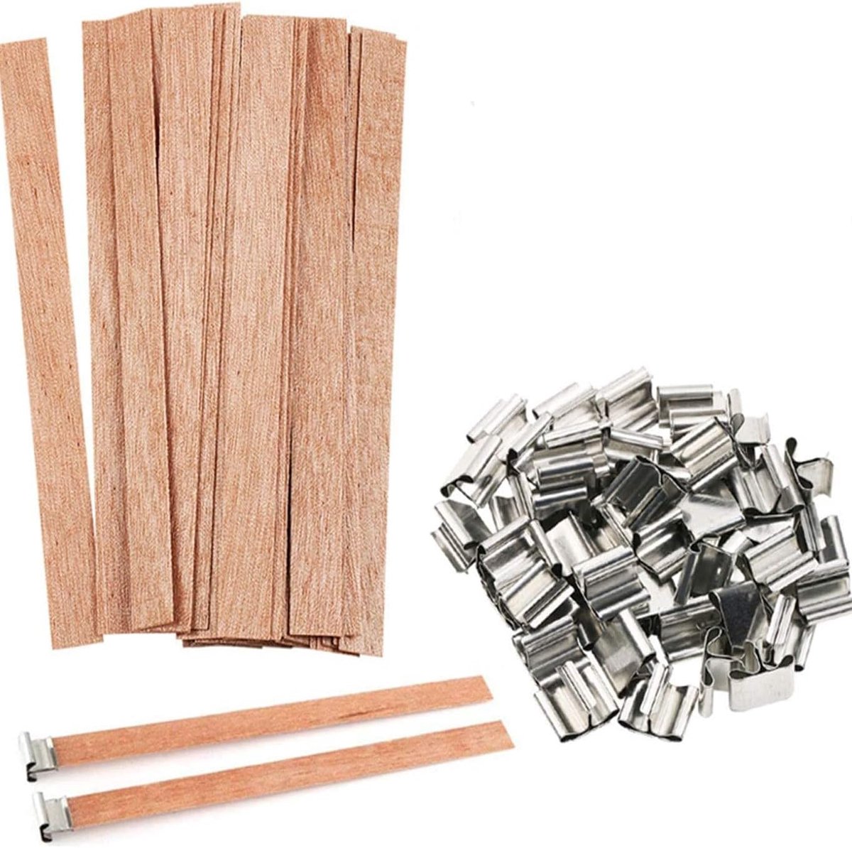 Lonten voor kaarsen met 100 metalen onderzetters, 13 x 130 mm, houten kaarsenlont, houten lonten, kaars met houten lont, ideaal voor doe-het-zelf kaarsen maken