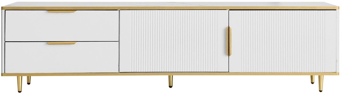 Merax TV-Meubel met Gesneden Textuur en Gouden Accenten - Laag Dressoir met Marmerlook en 2 Opberglades - Geschikt voor TV’s tot 75 inch - 175 cm Breed Wit