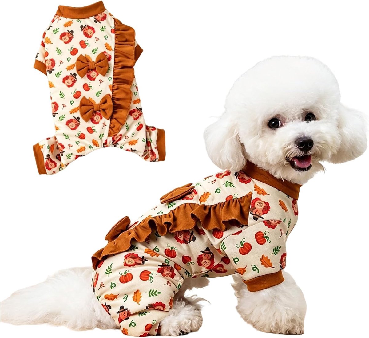 Kalkoen en pompoenprint hondenonesie met ruches, comfortabele en rekbare Thanksgiving-outfit voor huisdieren, Halloween rompertje voor huisdieren voor kleine huisdieren, puppy's