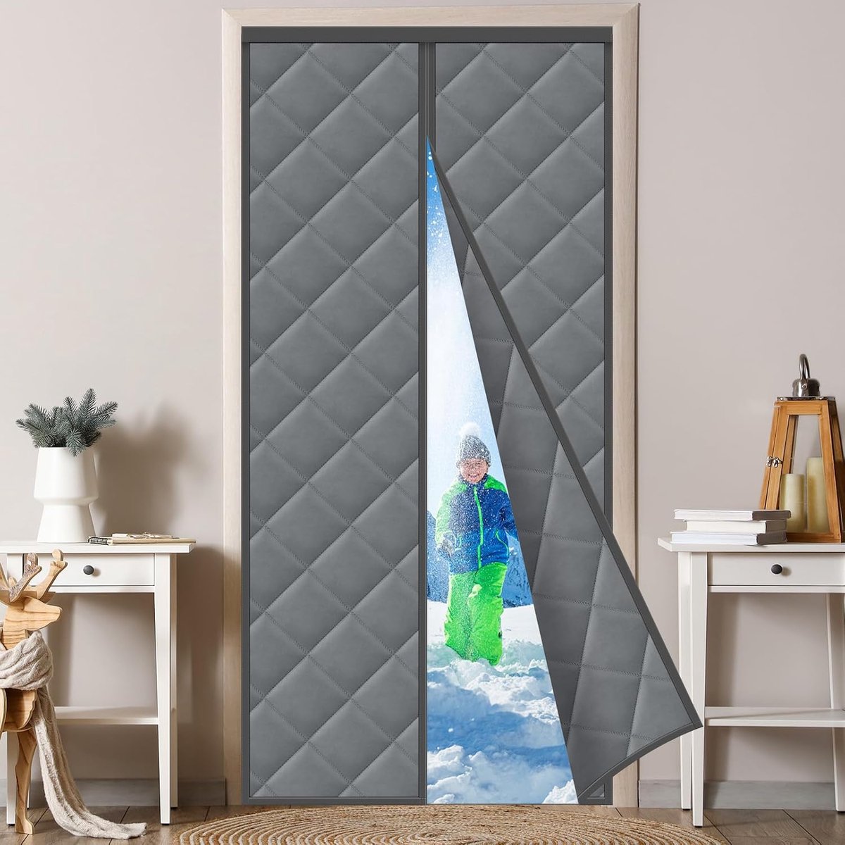 Warmtewerend gordijn voor deuren, 105 x 220 cm, thermogordijn, deur, waterdicht, winddicht, geen boren nodig, geschikt voor slaapkamer, binnen en buiten, donkergrijs