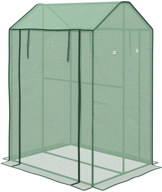 Groene kas met oprolbare deur, staand op een witte achtergrond.