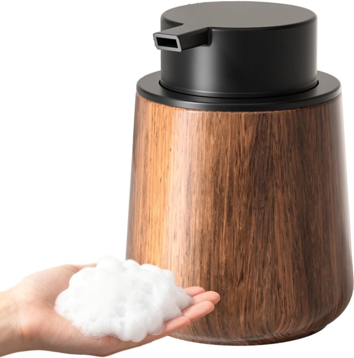 Moderne Zeepdispenser voor Badkamer en Keuken, Herbruikbare Schuimzeep Pomp in Walnootkleur voor de Wastafel, Stijlvol en Functioneel