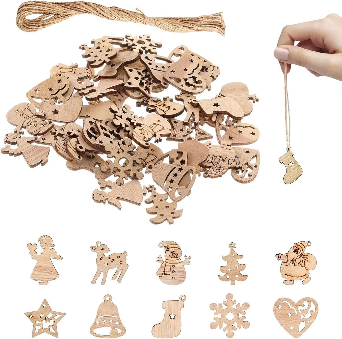 Set van 200 Houten Hangers voor Kerstmis - Decoratie voor Kerstboom, Ambachten en Feestdagen