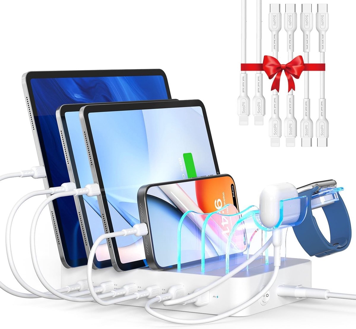 90W Multi-Device Oplaadstation met 6 Poorten en Korte Kabels voor iPhone, Galaxy, iPad en Tablets, Snelladen met PD 20W Technologie