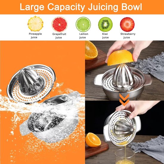Handmatige citrus-/sinaasappelpers van roestvrij staal – Met opvangbak – Geschikt voor citroenen, sinaasappels en diverse citrusvruchten – Vaatwasserbestendig – 16,5 x 16,5 x 11,5 cm — afbeelding 2